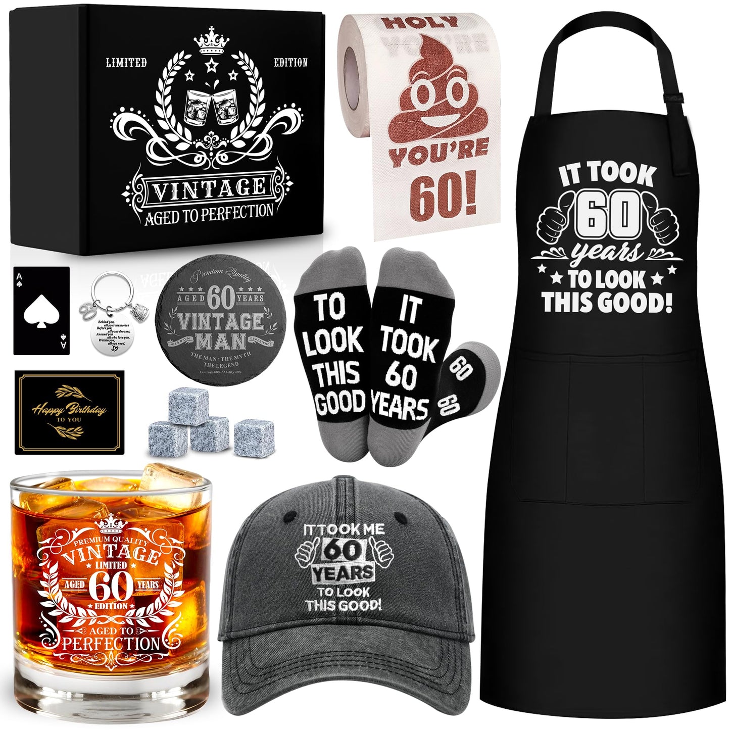 60th Birthday Gifts for Men Whiskey Glass Set, 60th Birthday Party Supplies with 11 Oz Whiskey Glass Coaster Stone Baseball Cap Apron Sock Funny Toliet Paper Keychain for Him, Dad, Husband, Friends