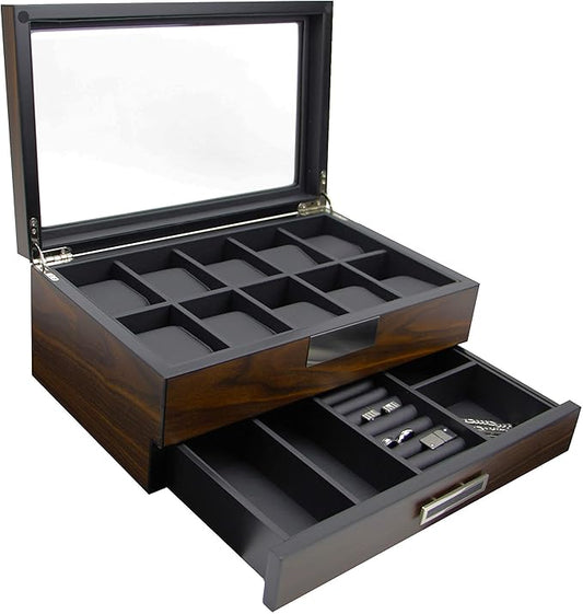 Executive Wooden Watch Box Valet Box Sunglasses and Jewelry Box Storage Organizer (Sweetheart) (Brown)