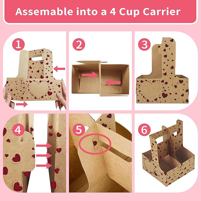32 Set Drink Carrier,Cardboard Cup Holder with Love, Coffee Cup Holder with Handle,Coffee Carrier with Greeting Card and Ribbon for Valentine's Day Gifts Party Gift,Kraft