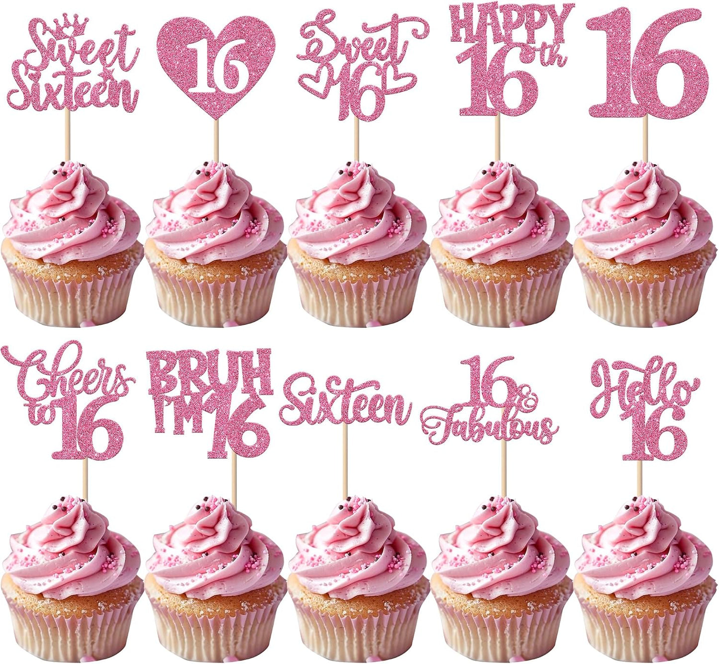 Rsstarxi 30Pack Happy Sweet 16th Birthday Cupcake Toppers Happy Sixteen Bruh I'm 16 Cupcake Picks Cheers to Sweet 16 Decorations for 16th Birthday Anniversary Party Cake Decorations Pink