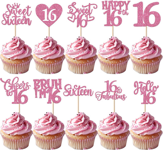 Rsstarxi 30Pack Happy Sweet 16th Birthday Cupcake Toppers Happy Sixteen Bruh I'm 16 Cupcake Picks Cheers to Sweet 16 Decorations for 16th Birthday Anniversary Party Cake Decorations Pink
