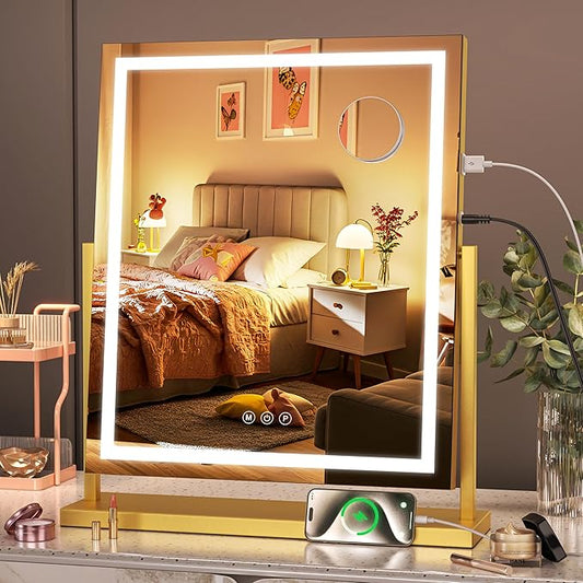 Hasipu Vanity Mirror with Lights, 17" x 22" LED Makeup Mirror with Smart Touch 3 Color Modes and Brightness Adjustment, 10X Magnifying,360Â° Rotation(Gold)