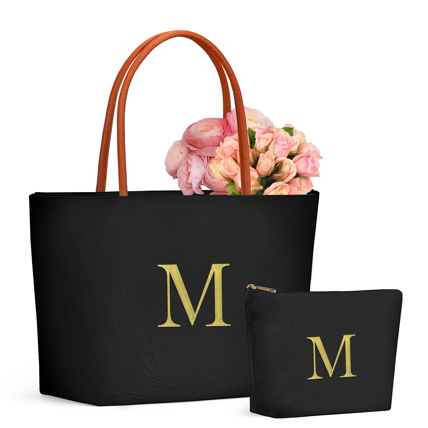 YOOLIFE Personalized Gifts for Women - Birthday Gifts for Women, Teacher Appreciation 30th 40th 50th 60th Birthday Gift for Female Teacher Mom Sister Friend, M Initial Black Canvas Beach Tote Bag
