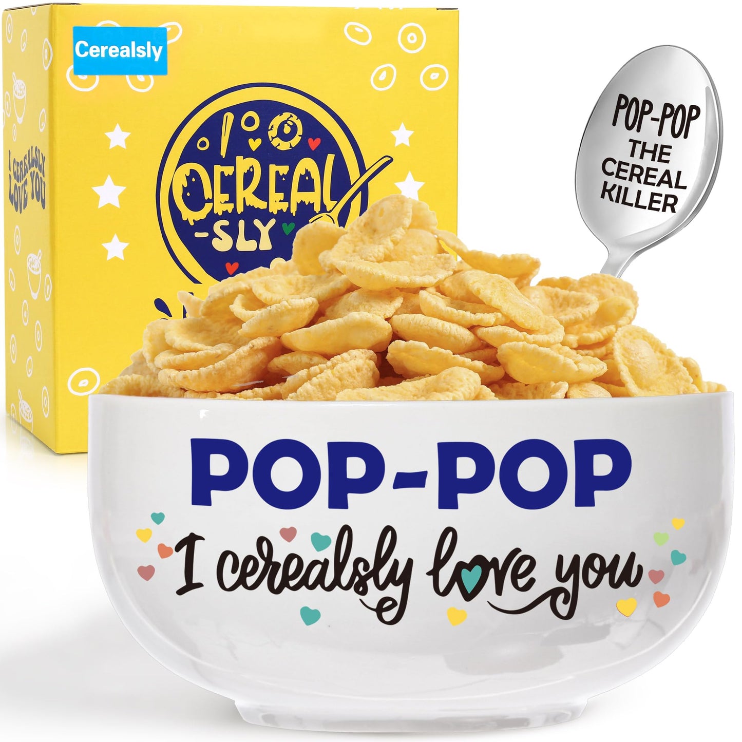 BackURyear Pop-Pop Gifts for Fathers Day, Funny Pop Pop Gifts for Grandpa Birthday from Grandkids Granddaughter, Ceramic Cereal Bowl Presents, POP-POP I Cerealsly Love You