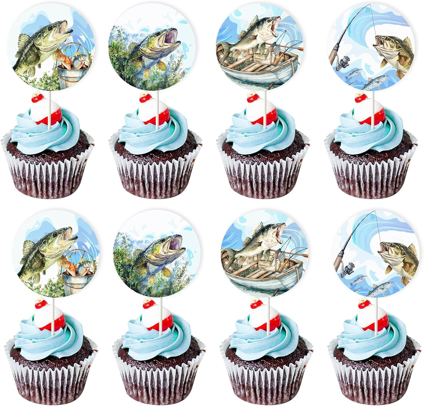 24pcs Fishing Cupcake Toppers Bass Fishing Birthday Party Decorations Gone Fishing Party Decorations Bass Cake Decorations Gone Fish Themed Birthday 1st Fisherman Baby Shower Birthday Party