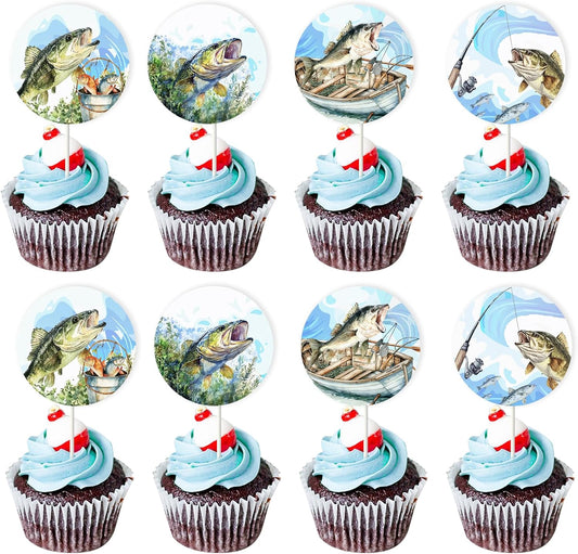 24pcs Fishing Cupcake Toppers Bass Fishing Birthday Party Decorations Gone Fishing Party Decorations Bass Cake Decorations Gone Fish Themed Birthday 1st Fisherman Baby Shower Birthday Party