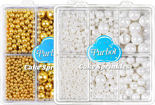 White and Gold Pearl Sprinkles for Cake Decorating(2-Pack), 4 Sizes Sugar 9.2oz, Cupcake, Ice Cream, Donuts, Macaron Toppings Supplies (2mm, 4mm, 7mm, 1cm)