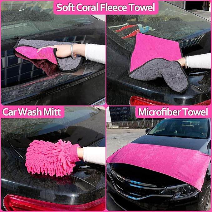 THINKWORK Pink Car Detailing Cleaning Kit, Car Wash Kit, Car Accessories for Women Suitable for Small and Medium Vehicles Such As Cars, Trucks, Suvs(17pcs)