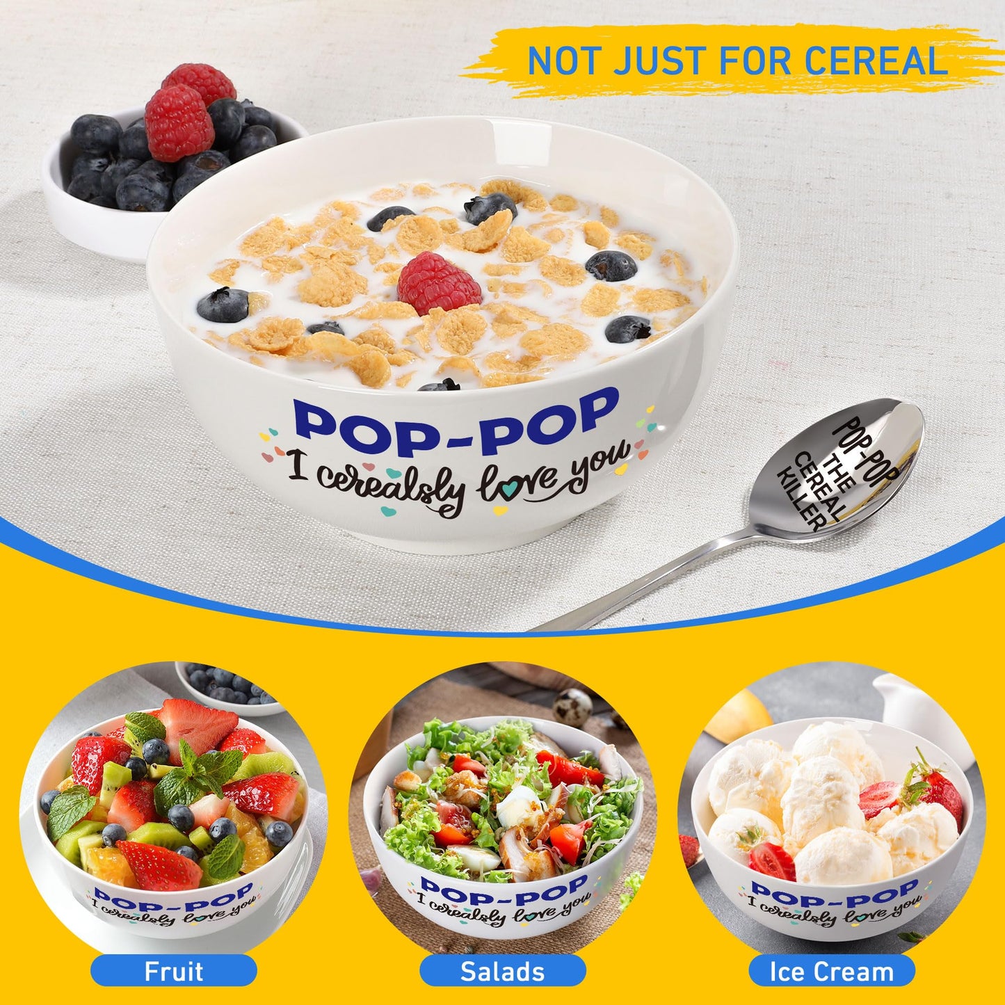 BackURyear Pop-Pop Gifts for Fathers Day, Funny Pop Pop Gifts for Grandpa Birthday from Grandkids Granddaughter, Ceramic Cereal Bowl Presents, POP-POP I Cerealsly Love You