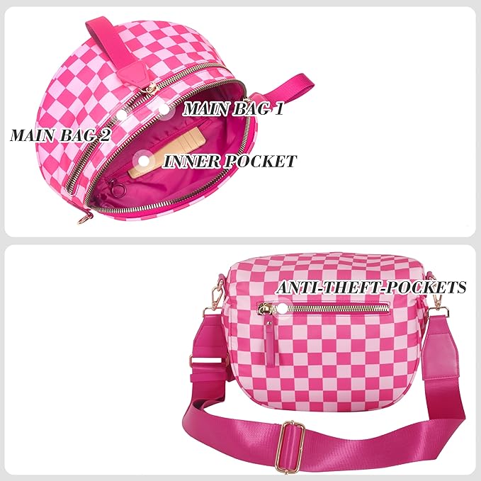 Checkered Crossbody Bag for Women, Spacious Sling & Stylish Bum Bag for Travel, Concerts, Festival, Nylon Fanny Pack Belt Bag (Colour Bum Bag-Rose Checkered)