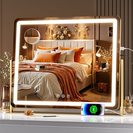 Hasipu Extra Large LED Vanity Mirror 25" x21â - Makeup Mirror with 10X Magnification, Phone Holder, USB Charging & Smart Touch 3-Color Lighting (Gold)