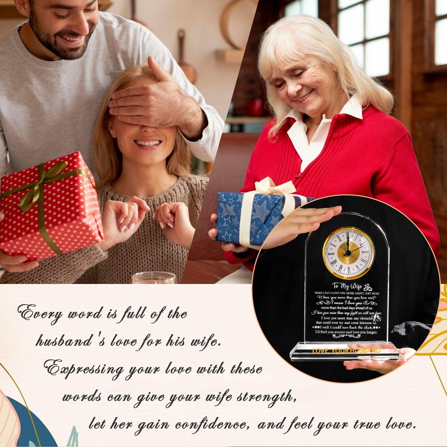 Ornalrist Gifts for Wife from Husband - Crystal Clock, Birthday, Wedding Anniversary Marriage Gifts Idea - to My Wife Clock Presents for Valentines Mother's Day (8.8'' Gift Boxed)