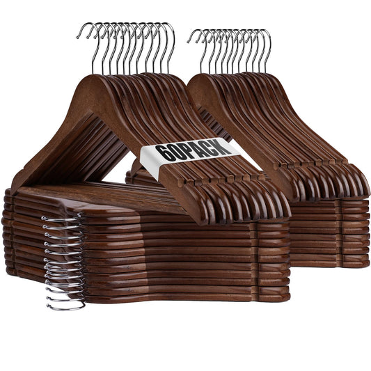 Uinicor Wooden Hangers - 60 Pack - Clothes Hanger for Daily Used,Heavy Duty Wood Hangers with Precisely Cut Notches,Coat Hanger for Closet, Clothes Hangers for Shirt Suit Dres（Walunt）