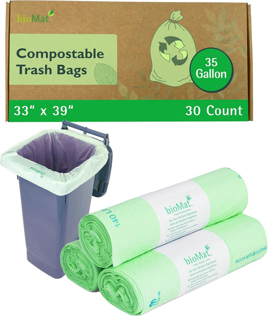 bioMat Compostable Trash Bags 35 Gallon, 30 Count, Tall flat top Kitchen Food Scrap Bin Liners, BPI, CMA and OK Compost HOME certified, Meets the ASTM D6400 Standard