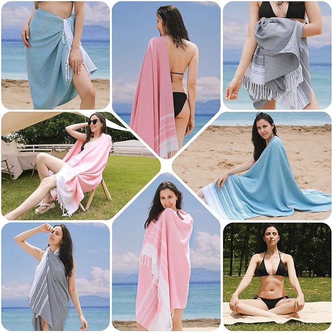 Genovega Oversized Cotton Turkish Beach Bath Towel Set 74"x38" Extra Large Sand Free Quick Dry Swim Camping Pool Clearance Towels Travel Blanket Adult Essentials Stripe Greens