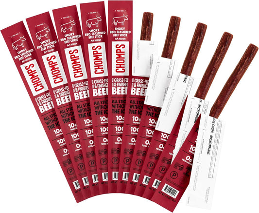 Chomps Grass-Fed and Finished Smoky BBQ Beef Jerky Snack Sticks 10-Pack - Keto, Paleo, Whole30, 10g Lean Meat Protein, Gluten-Free, Zero Sugar Food, Non-GMO