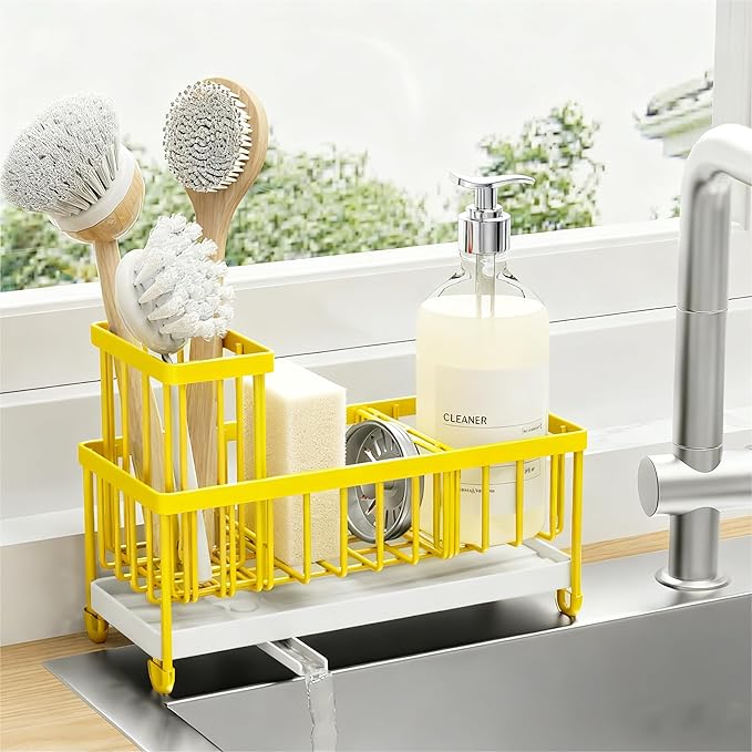 Cisily Sponge Holder for Kitchen Sink, Sink Caddy Organizer with High Brush Holder, Kitchen Countertop Organizers and Storage Essentials, Rustproof 304 Stainless Steel (Yellow, 9.25â³)