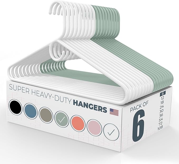 Neaties Super Heavy Duty Clothes Hangers 6 Pack â Made in The USA - 10lb Capacity, Thick Plastic Hangers for Pants, Coats, Jackets, Jeans and Adult Clothing â White & Mint
