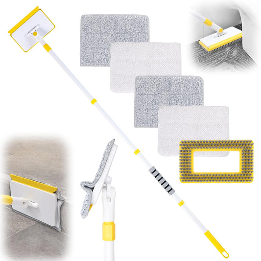 Baseboard Cleaner Tool with Long Handle,Wall Cleaner Mop with Extendable Handle 1 Stiff Bristles mop Head and 4 Reusable Cleaning Pads，Duster for Cleaning Tile Ceiling Window Skirting Board