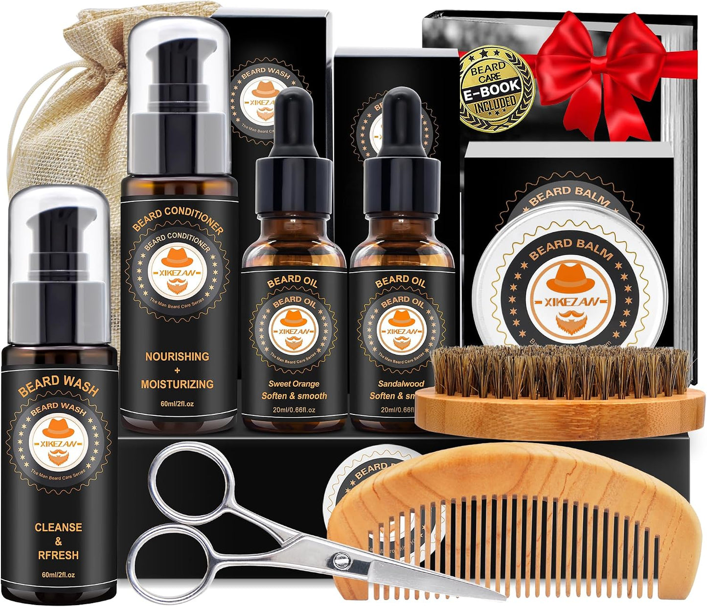 XIKEZAN Beard Kit for Men Grooming & Care w/Beard Conditioner, Wash, Oil, Balm, Brush, Comb,Birthday Fathers Valentines Easter Gifts for Men Him Dad Husband Boyfriend Mens Christmas Stocking Stuffers