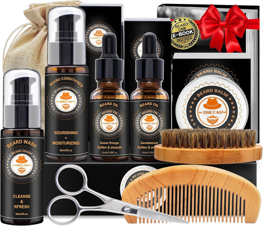 XIKEZAN Beard Kit for Men Grooming & Care w/Beard Conditioner, Wash, Oil, Balm, Brush, Comb,Birthday Fathers Valentines Easter Gifts for Men Him Dad Husband Boyfriend Mens Christmas Stocking Stuffers