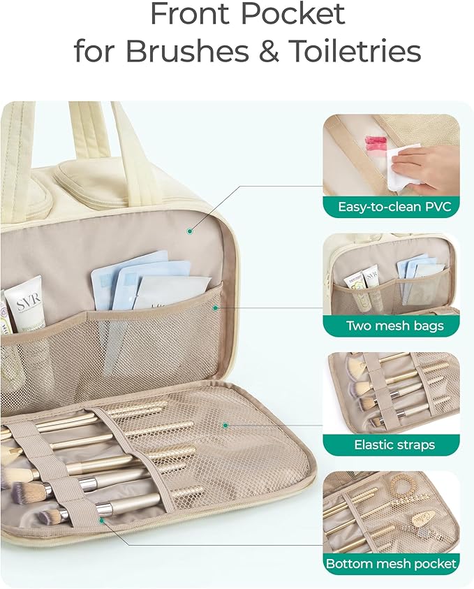 BAGSMART Travel Toiletry Bag, Puffy Large Toiletry Bag for Women, Lightweight Cosmetic Makeup Bag Organizer with Handle for Traveling, Accessories, Essentials, Toiletries (Grayish Brown)