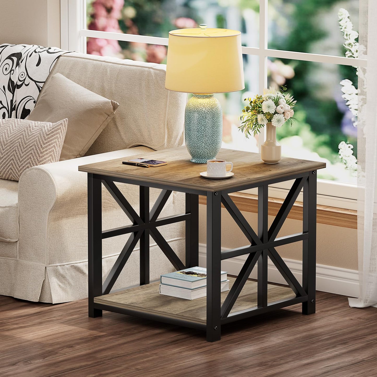 GreenForest Side Table, 50cm End Table with 2-Tier Storage Shelf, Square Small Bed Side Table for Living Room, Farmhouse Sofa Nightstand for Bedroom Office, Grey Wash