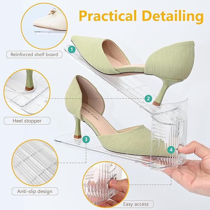 Clear Shoe Slots Organizer for Closet, 20-Pack Adjustable Shoe Stacker & Space-Saving Shoe Storage for a Variety of Spaces, Double Deck Organizer (Transparent)