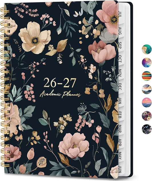 Academic Planner 2026-2027, Weekly and Monthly Calendar Book, July 2026 – June 2027, Hardcover Planner with Tabs, Perfect for Teachers, Students, Women & Men, A4 (8.5" x 11") - Evening Petals