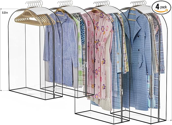 Upgraded Thickened Clear Garment Bags for Hanging Clothes 4 Packs, 10â Gusseted Clothes Hanging Storage Bags for Closet, Shirts, Coats, Dresses (32 & 40 inch)