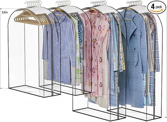 Upgraded Thickened Clear Garment Bags for Hanging Clothes 4 Packs, 10â Gusseted Clothes Hanging Storage Bags for Closet, Shirts, Coats, Dresses (32 & 40 inch)