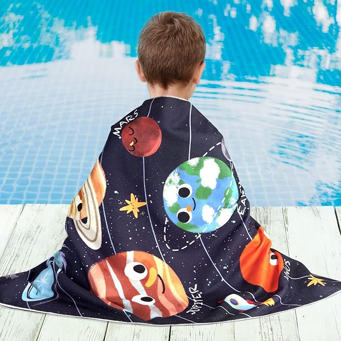 WERNNSAI Planet Kids Beach Towel for Boys - 30” x 60” Planet Sand Free Swim Towels for Boys Bath Pool Camping Travel Towel Quick Dry Ultra Absorbent Super Soft Beach Blanket Bath Shower Towel