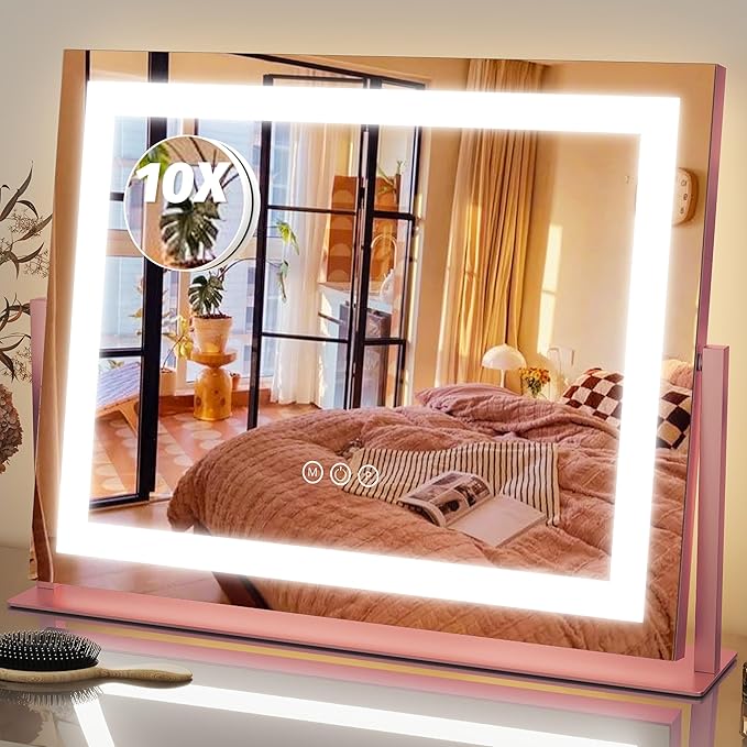 FENNIO Vanity Mirror with Lights 22''x18'' Makeup Mirror with Lights,Lighted Makeup Mirror with 10X Magnificationï¼Smart Touch Screen with 3-Color Lighting,Dimmableï¼Square Pinkï¼