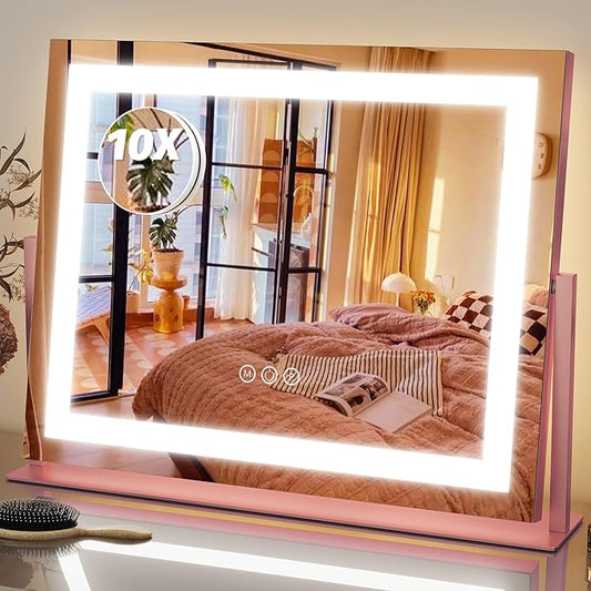 FENNIO Vanity Mirror with Lights 22''x18'' Makeup Mirror with Lights,Lighted Makeup Mirror with 10X Magnificationï¼Smart Touch Screen with 3-Color Lighting,Dimmableï¼Square Pinkï¼