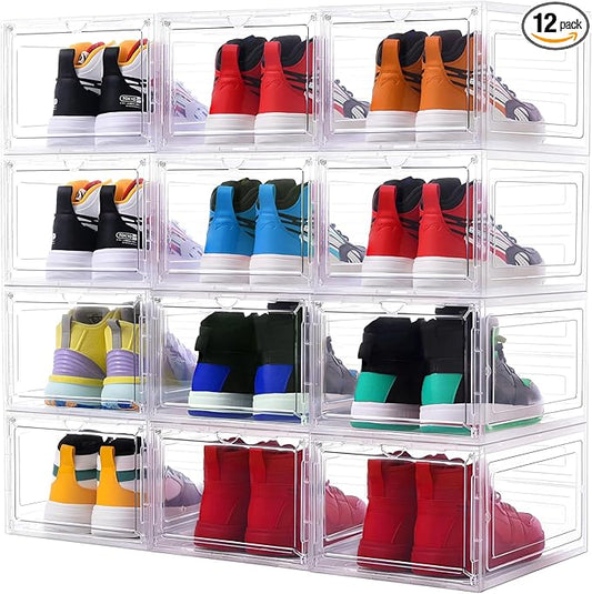 Large Clear Shoe Storage Boxes 12 Pack Stackable, Drop Front Magnetic Door Shoe Organizer with Plastic Sneaker Display Case Containers Transparent Shoe Rack for Closet Organization Fit US Size 12