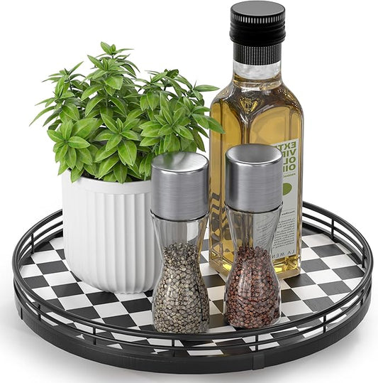 Black and White Kitchen Lazy Susan Turntable â Checkered Round Decorative Tray, 10â Table Top Oak Wood Lazy Susan for Cookies, Dining Table Organizer, Small Kitchen Table Centerpiece