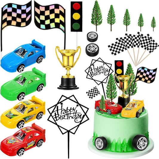 Yulejo 38 Pcs Racing Car Cake Decoration with Race Car Cake Topper Wheel Checkered Racing Flag Cupcake Topper Black Birthday Cake Topper Race Birthday Party Supplies Themed Party Favor for Kid