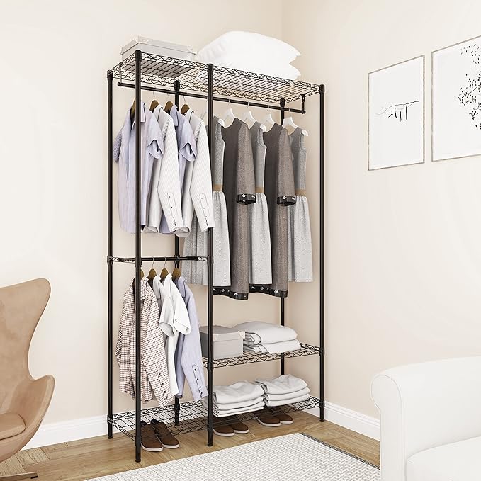 Heavy Duty Garment Rack for Hanging Clothes,Wire Metal Clothing Rack,Adjustable Portable Clothing Rack,Freestanding Open Wardrobe Organizer Rack,39.5"L x 15.75"W x 75.6"H Max Load 600LBS,Black
