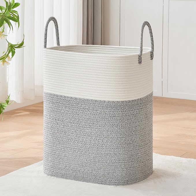 Laundry Basket with Handles - Blanket Basket & Hampers for Bedroom Aesthetic, Laundry Hamper & Blanket Storage for Living Room, Clothes Hamper, Tall, Large 17" x 14" x 24â, White & Grey