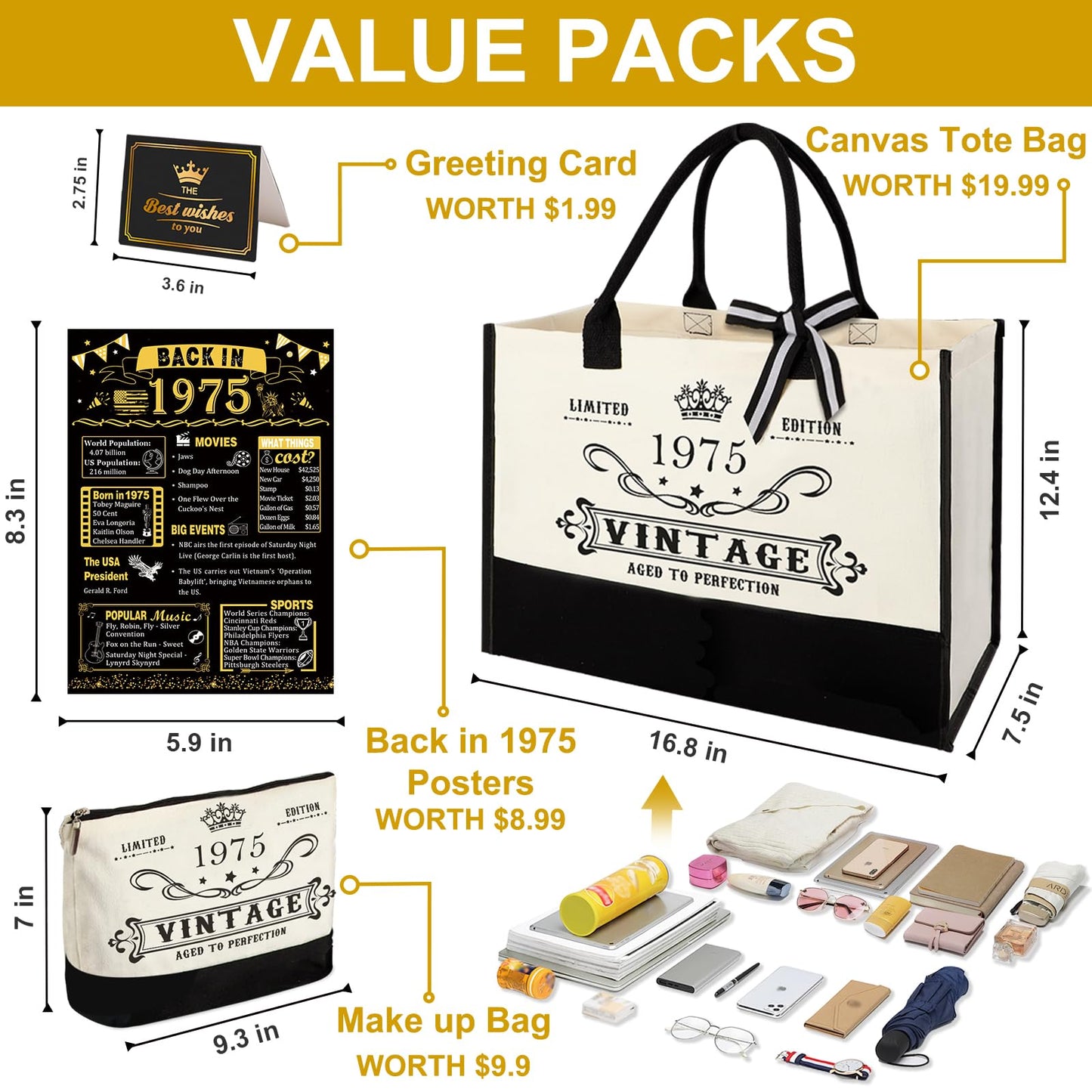 50th Birthday Gifts for Women Canvas Tote Bag Travel Gear, Unique 50 Years Old Gifts for Wife Sister Mom Aunt Friends Her, Vintage 1975 Handbag & Cosmetic Bag & Back in 1975 Poster