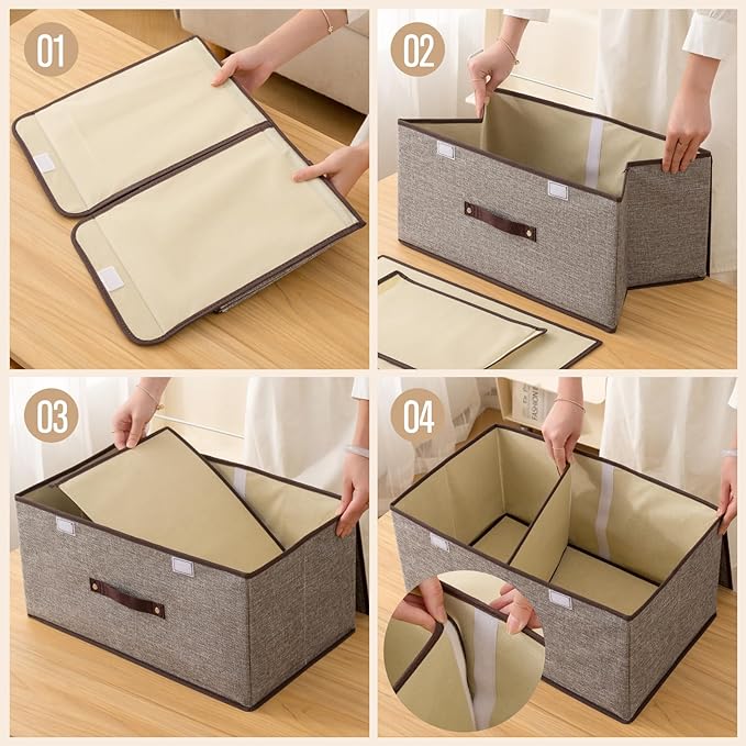 Linen Storage Boxes with Removable Dividers, 2-Pack Large Foldable Organizer Bins, Gray Fabric Containers with Handles for Clothes, Blankets, Underwear Storage (Beige, 2Pack*15L)