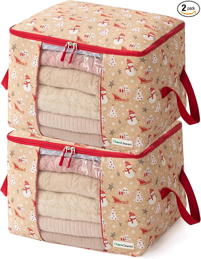 Canvas Storage Bags Designer Organizer 2 Pack – Seasonal Storage for Sweaters, Blankets, Linens & Garments – Foldable Design with Zip & Window, Moth-Proof Space Saver, Snowman Print