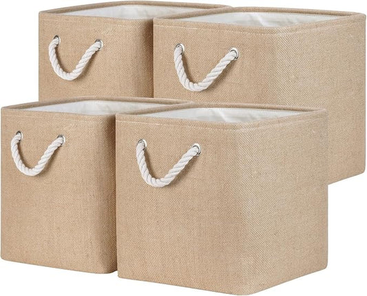 Temary Fabric Baskets 12 Inch Storage Cubes Basket, Clothes Baskets for Shelf, 4 Pack Large Storage Basket with Handles for Organizing Books, Blankets (Linen Yellow)