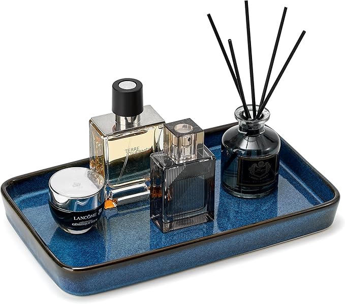 10"Ã6"Ã1" Bathroom Vanity Tray for Countertop- Ceramic Decorative Organizer Tray for Dresser Tops, Toilet, Perfume, Sponge Holder Soap Dish Dispenser for Kitchen Counter- Kiln-Transformed Blue