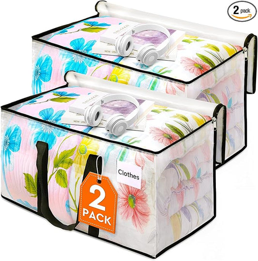 HomeHacks Clear Moving Bags Heavy Duty 2 Pack, Storage Bags with Zipper, Extra Thick Handles & Waterproof Packing Boxes for Moving, Camping, Home Organization 76L/20Gal (28.7"x11.8"x13.8")
