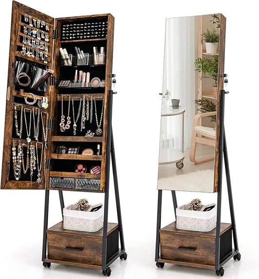 CHARMAID Rolling Jewelry Cabinet with Full Length Mirror, Lockable Standing Jewelry Armoire with Wheels, Steel Legs, Lipstick Brush Storage, Jewelry Organizer Box with Drawers (Rustic Brown)