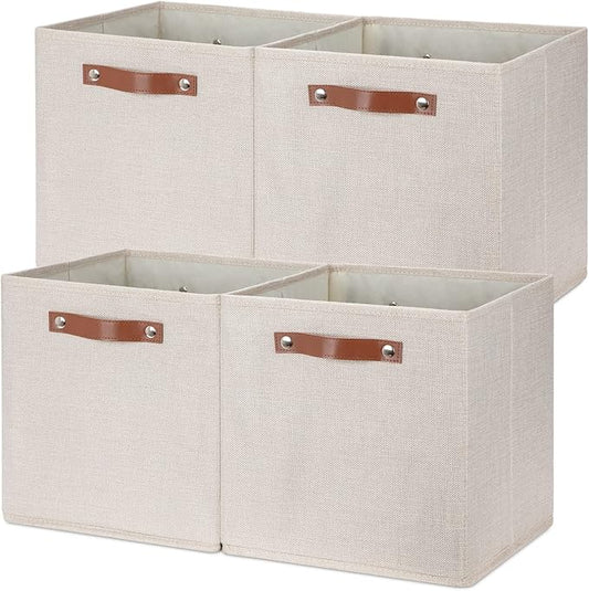 Temary Cube Storage Bins 12 Inch Storage Cubes 4PCs Fabric Organizer Bins Boxes with Handles, Sturdy Collapsible Closet Storage Organizer for Shelf, Bedroom, Cabinet (Beige, 12 x 12 x 12)