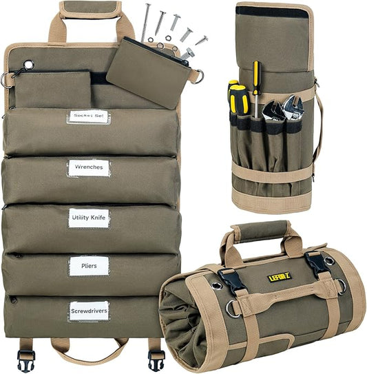 Tool Bag,Large Roll Up Tool Bag Organizer,13 Pockets Tool Roll Storage Pouch,Heavy Duty Portable Tool Storage Carrier Bag for Men,Mechanic,Electrician & Hobbyist,Olive Green