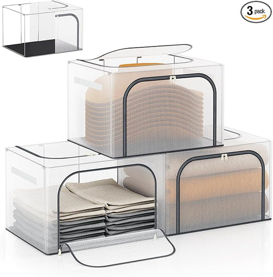 Large Size 66L 3 Pack Clothes Storage Bin with Metal Frame, Stackable & Foldable Box with Lids, Closet Organizers And Storage For Bedding, Cap, Sweater (Fully Transparent)
