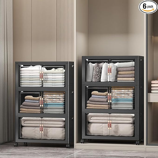 Extra Large Stackable Storage Bins with Lids & Wheels & Door, 672QT-112QT/28GAL*6Pack Foldable Collapsible Closet Organizers, Plastic containers drawers for bedroom Dorm